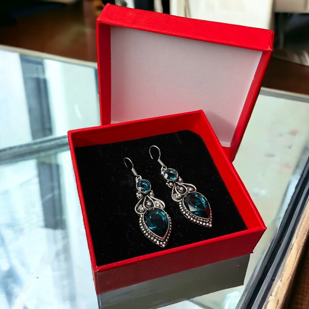 Vintage Silver Blue Topaz Handmade Drop Dangle Earrings  For Gift For Her  2.24"